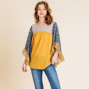 Umgee Golden Floral Mixed Ruffle Bell Sleeve Tunic